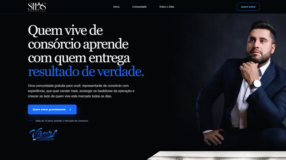 Página inicial do site de Silas Ferreira, com a headline sobre consórcio e foto dele de terno
