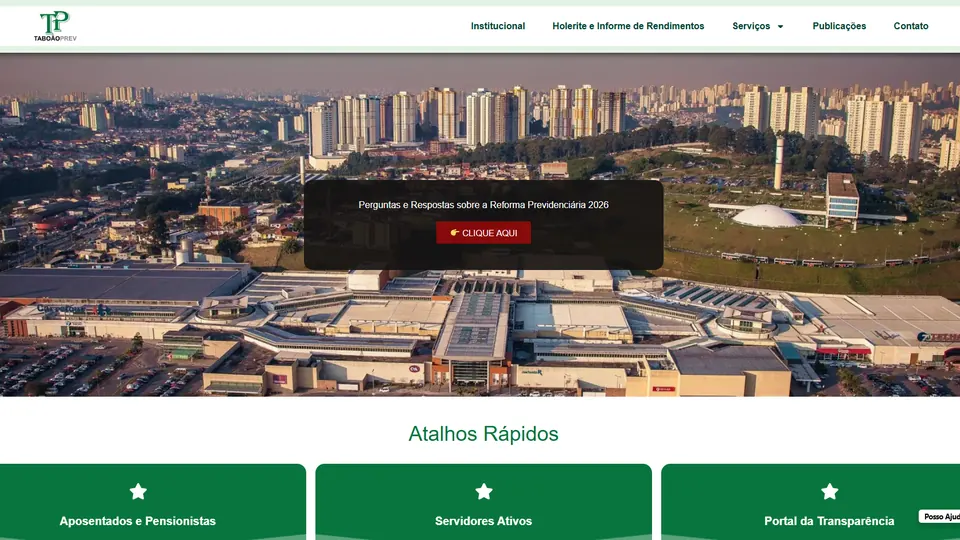 Página inicial do site da TaboãoPrev, com foto aérea de Taboão da Serra e atalhos para aposentados, servidores e transparência